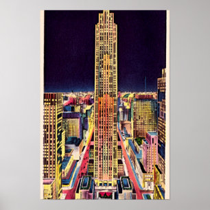 Affiche New York City Rockefeller Center à la nuit 1940