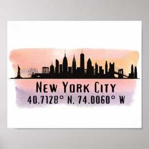 Affiche New York City Skyline Latitude and Longitude 