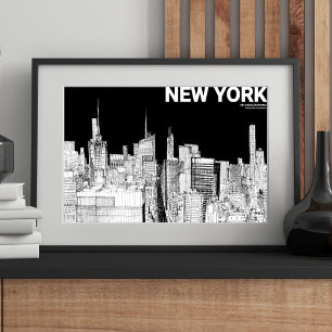 Affiche New York City Skyline Sketch Black White Mate