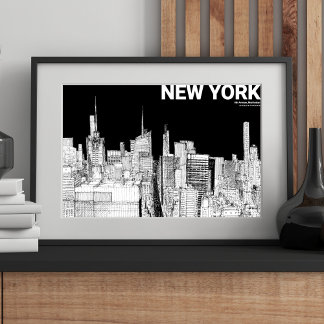 Affiche New York City Skyline Sketch Black White Mate