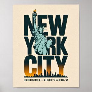 Affiche New York City Typographie Statue de Liberty Skylin
