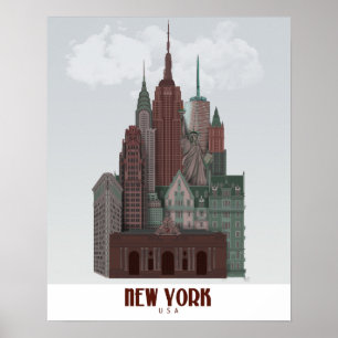 Affiche New York dans les nuages - Rouge foncé et vert