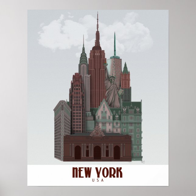 Affiche New York dans les nuages - Rouge foncé et vert (Devant)