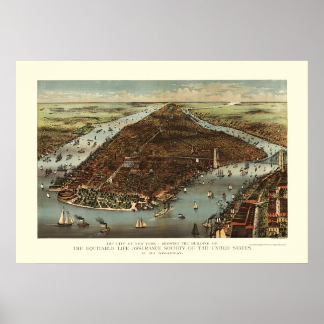 Affiche New York, NY Carte panoramique - 1883 (Devant)