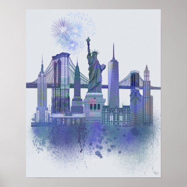 Affiche New York Skyline - Aquarelle bleue (Devant)