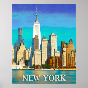 Affiche New York Skyline en bleu Cobalt et Tan