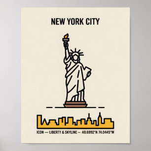 Affiche New York Skyline Statue of Liberty Bold Line Art