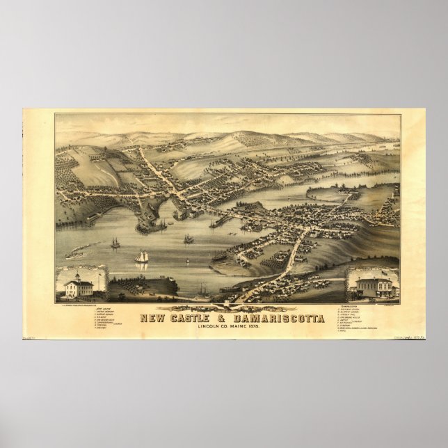 Affiche Newcastle & Damariscotta Maine 1878 Carte panorami (Devant)