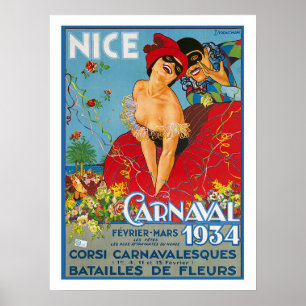 Affiche Nice, France, carnaval français, couple sous masqu