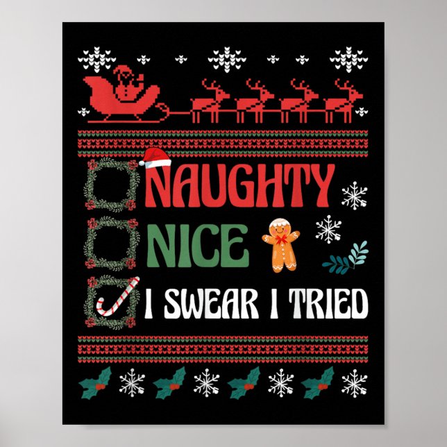 Affiche Nice Naughty I Swear I Tried Christmas List Matchi (Devant)