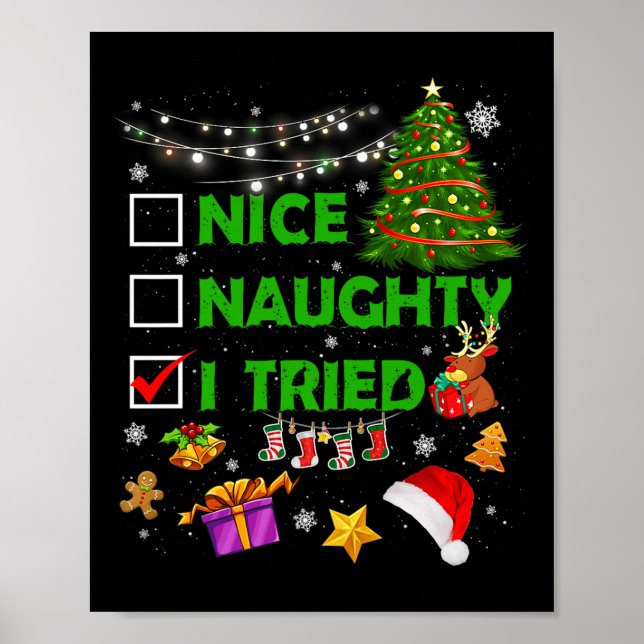 Affiche Nice Naughty I Tried Christmas Tree Light Funny Xm (Devant)