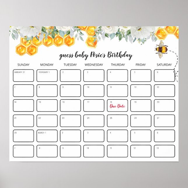 Affiche Nid d'abeille floral | Fête de naissance Anniversa (Devant)
