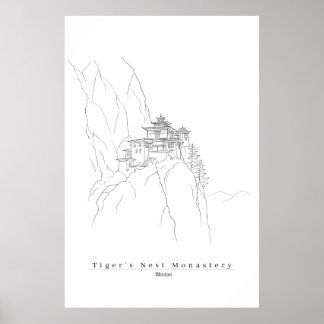Affiche Nid de Tigre Bhoutan Ligne Minimaliste Art Paro Ta