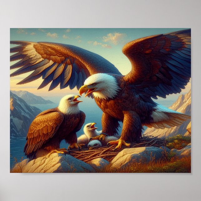Affiche Nidification de famille d'aigle au sommet d'une fa (Devant)