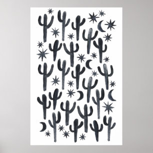 Affiche Night Desert Fun Cactus Indigo Motif Aquarelle