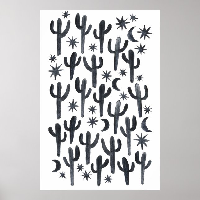 Affiche Night Desert Fun Cactus Indigo Motif Aquarelle (Devant)