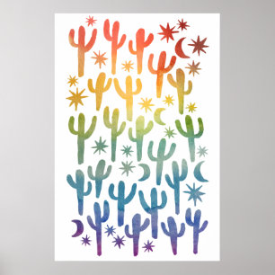 Affiche Night Desert Fun Cactus Rainbow Motif Aquarelle