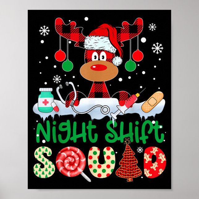 Affiche Night Shift Squad Nurse Reindeer Buffalo Red Plaid (Devant)