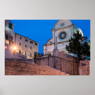 Affiche Night view of stairs and church in Split, Croatia