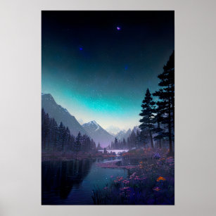 Affiche Nightfall de rivière : Forêt, Fleurs et étoiles