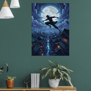 Affiche Ninja bondissant à travers les toits sous la lumiè