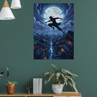 Affiche Ninja bondissant à travers les toits sous la lumiè