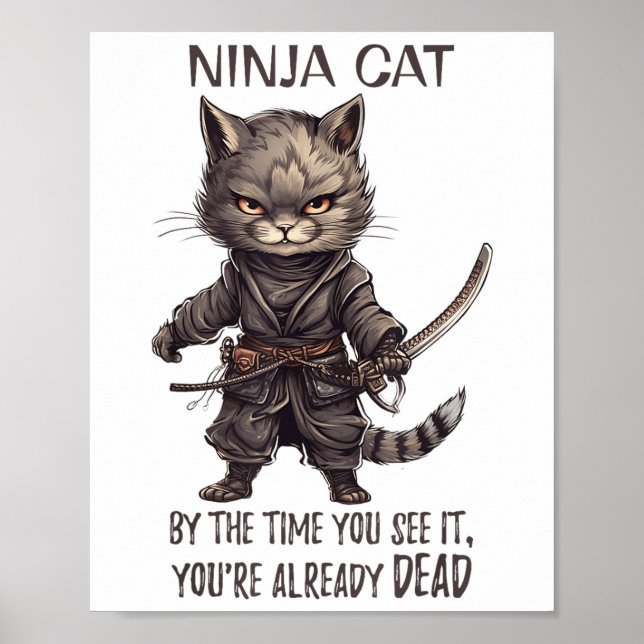 Affiche Ninja Cat, Japonais Samurai Kawaii Cat Tattoo Funn (Devant)