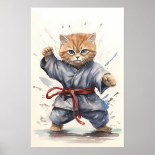 Affiche Ninja Chat : Un guerrier d'aquarelle mignonne et f