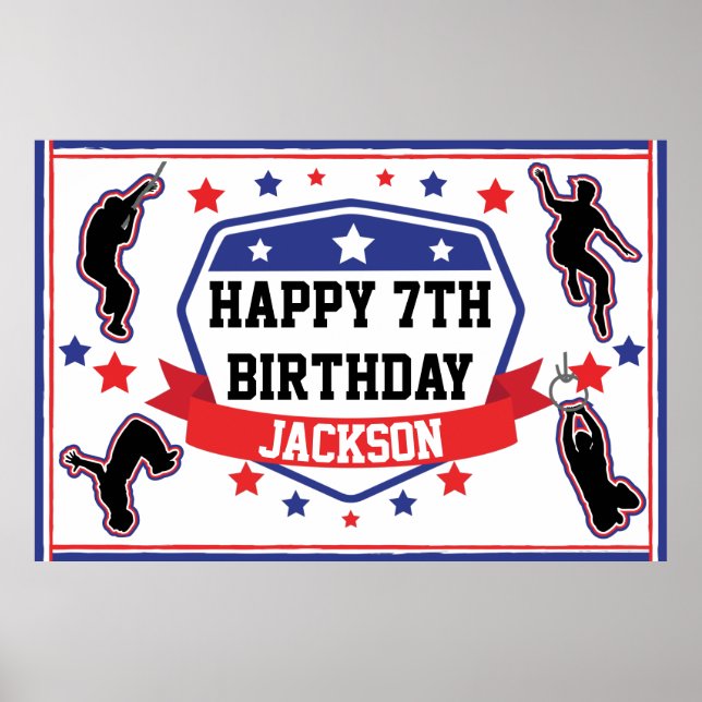 Affiche Ninja Guerrier fête d'anniversaire Rouge & Bleu (Devant)