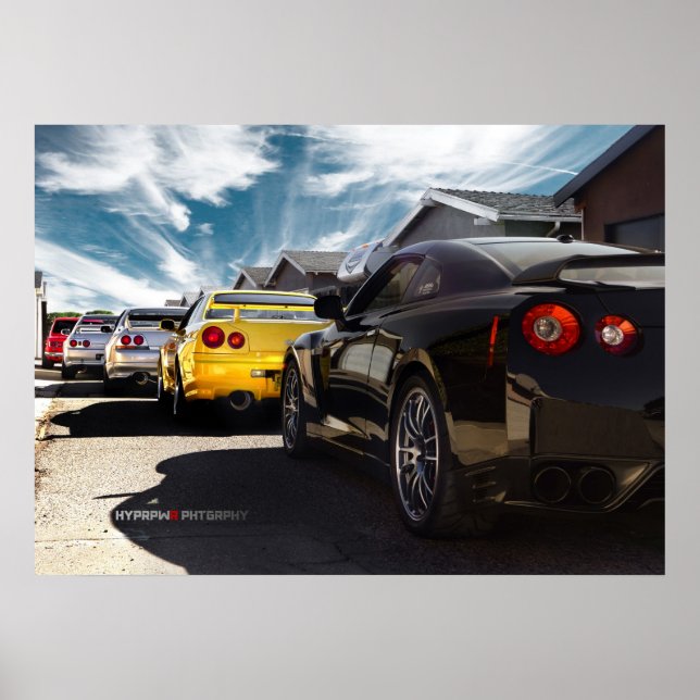 Affiche Nissan GT-R R35, R34, R33, R32, Hakosuka Skyline (Devant)