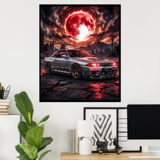 Affiche Nissan Skyline R32 sous la Lune Cramoisie