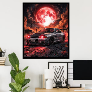 Affiche Nissan Skyline R32 sous la Lune Cramoisie
