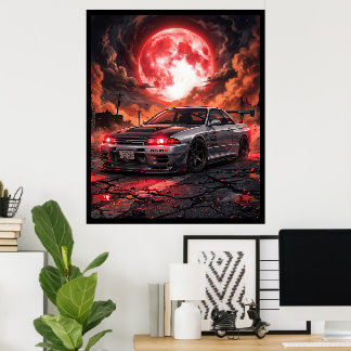 Affiche Nissan Skyline R32 sous la Lune Cramoisie