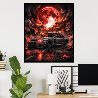 Affiche Nissan Skyline R33 sous la lune cramoisie