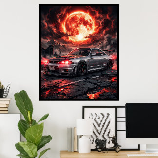 Affiche Nissan Skyline R33 sous la lune cramoisie