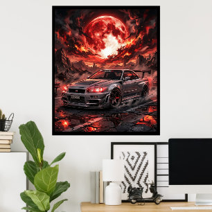 Affiche Nissan Skyline R34 sous une lune cramoisie