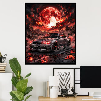 Affiche Nissan Skyline R34 sous une lune cramoisie