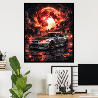 Affiche Nissan Skyline R34 sous une lune cramoisie