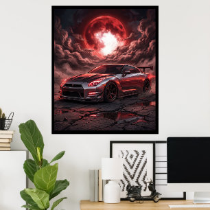 Affiche Nissan Skyline R35 sous une lune cramoisie