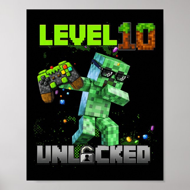 Affiche Niveau 10 déverrouillé - Anniversaire Garçon Pixel (Devant)