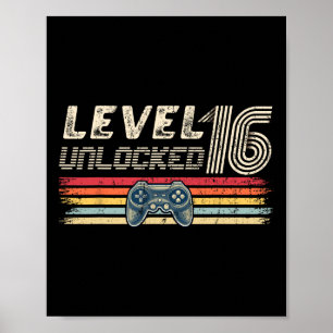 Affiche Niveau 16 Jeu vidéo déverrouillé 16e anniversaire
