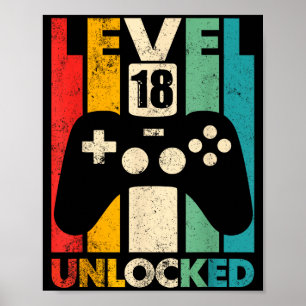Affiche Niveau 18 débloqué jeu vidéo rétro anniversaire 18
