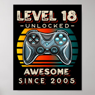 Affiche Niveau 18 Jeu vidéo déverrouillé 18e anniversaire