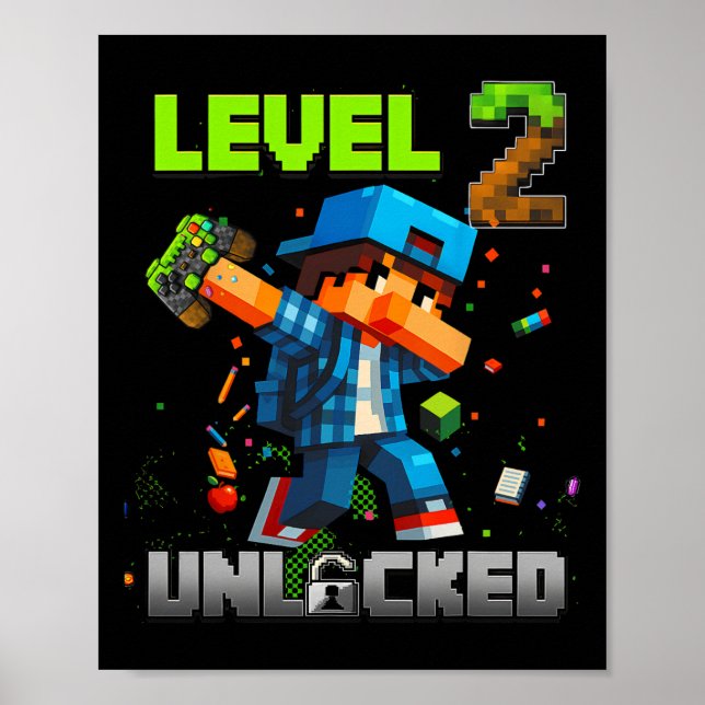 Affiche Niveau 2 Débloqué Drôle Anniversaire Garçon Pixel  (Devant)