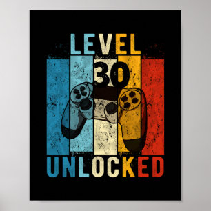 Affiche Niveau 30 Débloqué Joueur de jeux vidéo 30 ans 30e