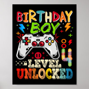 Affiche Niveau 4 Débloqué Joueur de jeux vidéo 4ème Annive