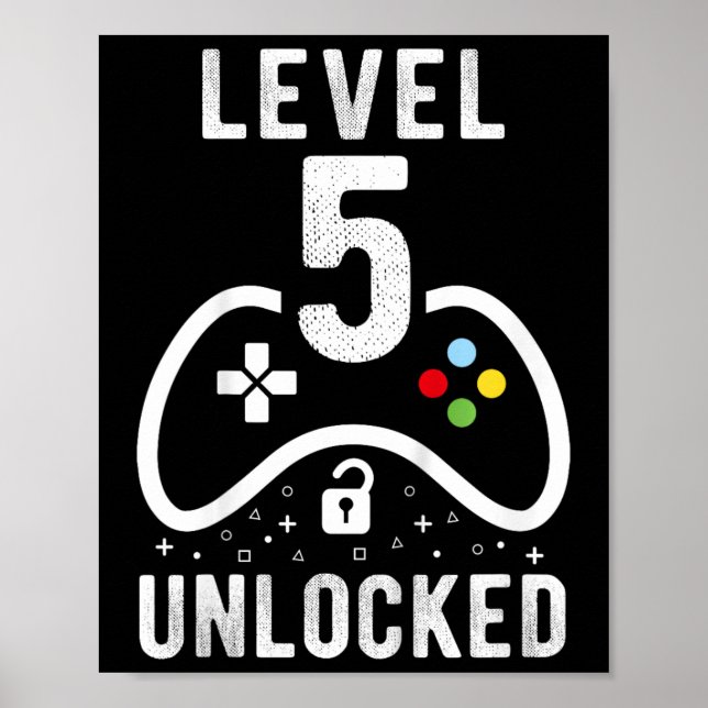 Affiche Niveau 5 Jeu vidéo déverrouillé 5e cadeau d'annive (Devant)