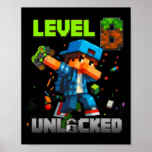 Affiche Niveau 8 Débloqué Funny Garçon d'anniversaire Pixe