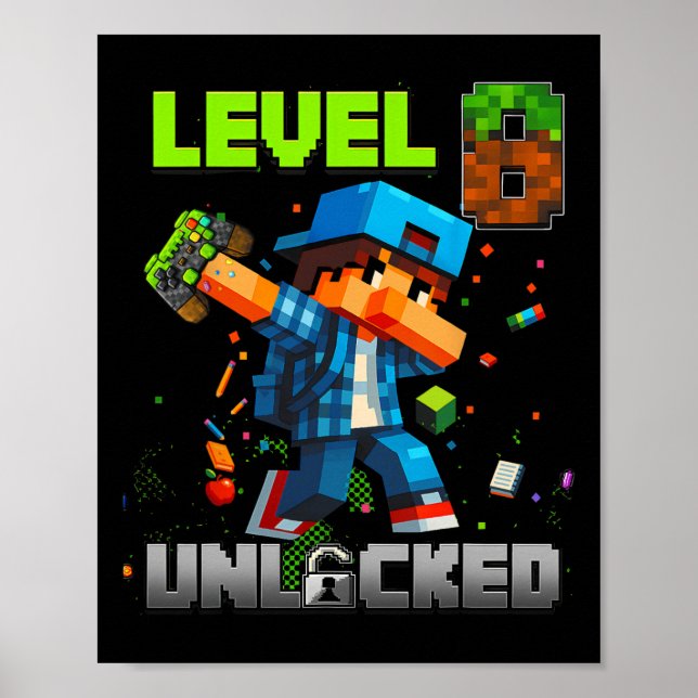 Affiche Niveau 8 Débloqué Funny Garçon d'anniversaire Pixe (Devant)