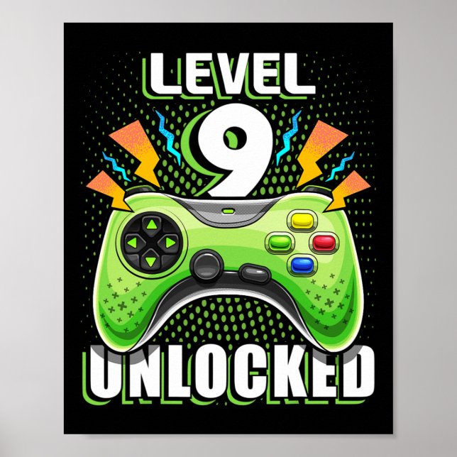 Affiche Niveau 9 Débloqué Jeu Vidéo 9e Anniversaire Gamer  (Devant)